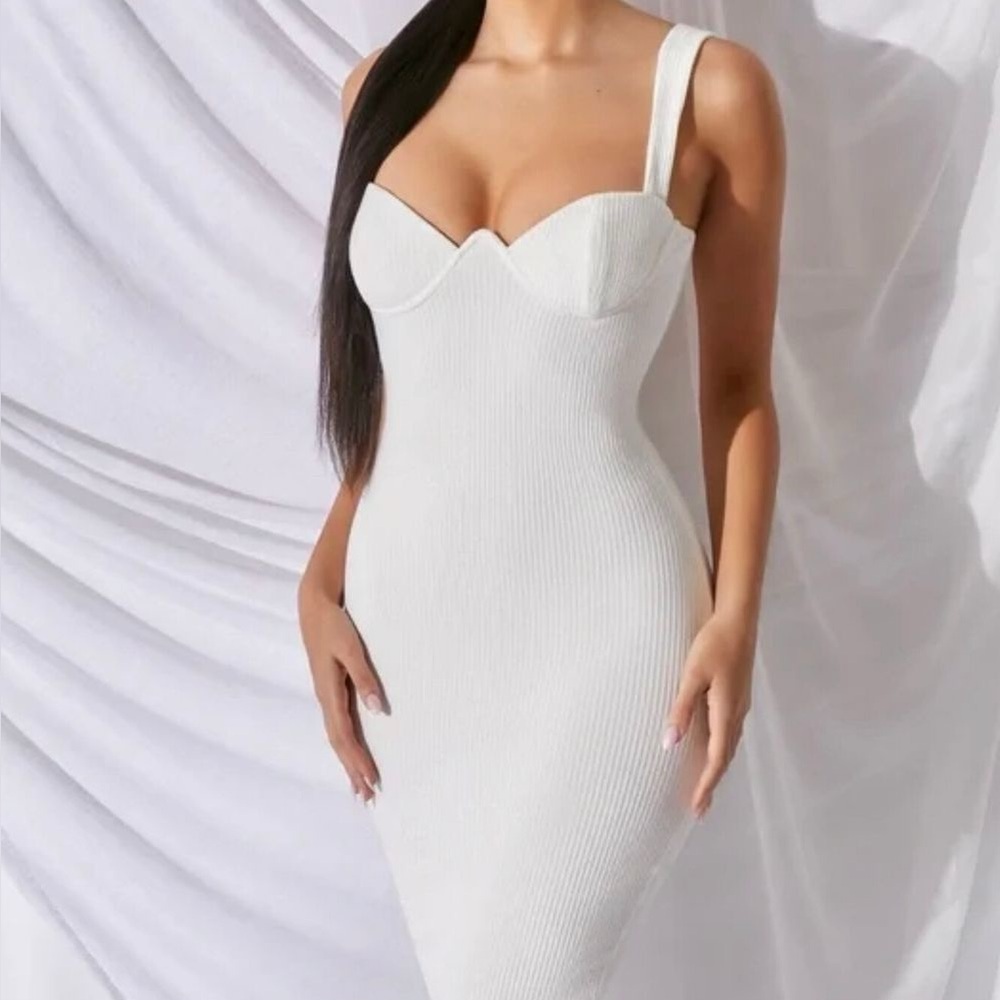 Oh Polly Cream Ribbed Midi Dress with Sweetheart Bust - Picture 2 of 8